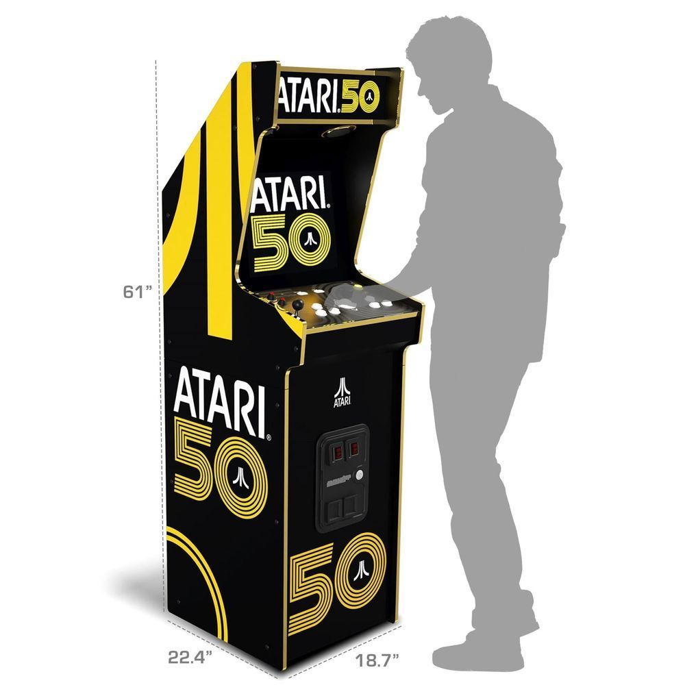 Atari 50 arcade cabinet with dimensions shown: 61 in tall, 22.4 in deep
