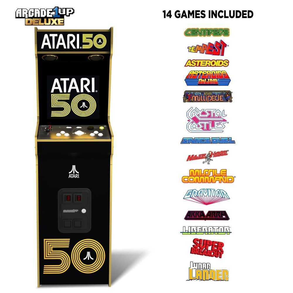 Arcade1Up Deluxe Atari 50 cabinet with game list decals on the side