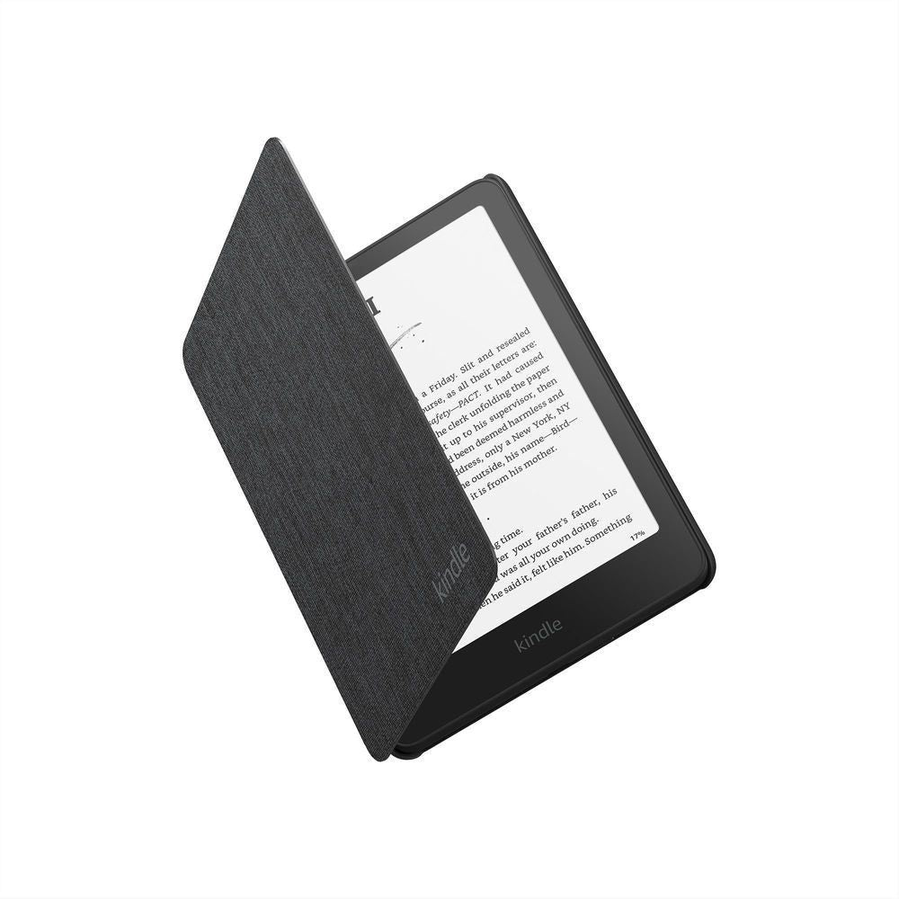Black fabric folio cover for Kindle e-reader, open with screen visible