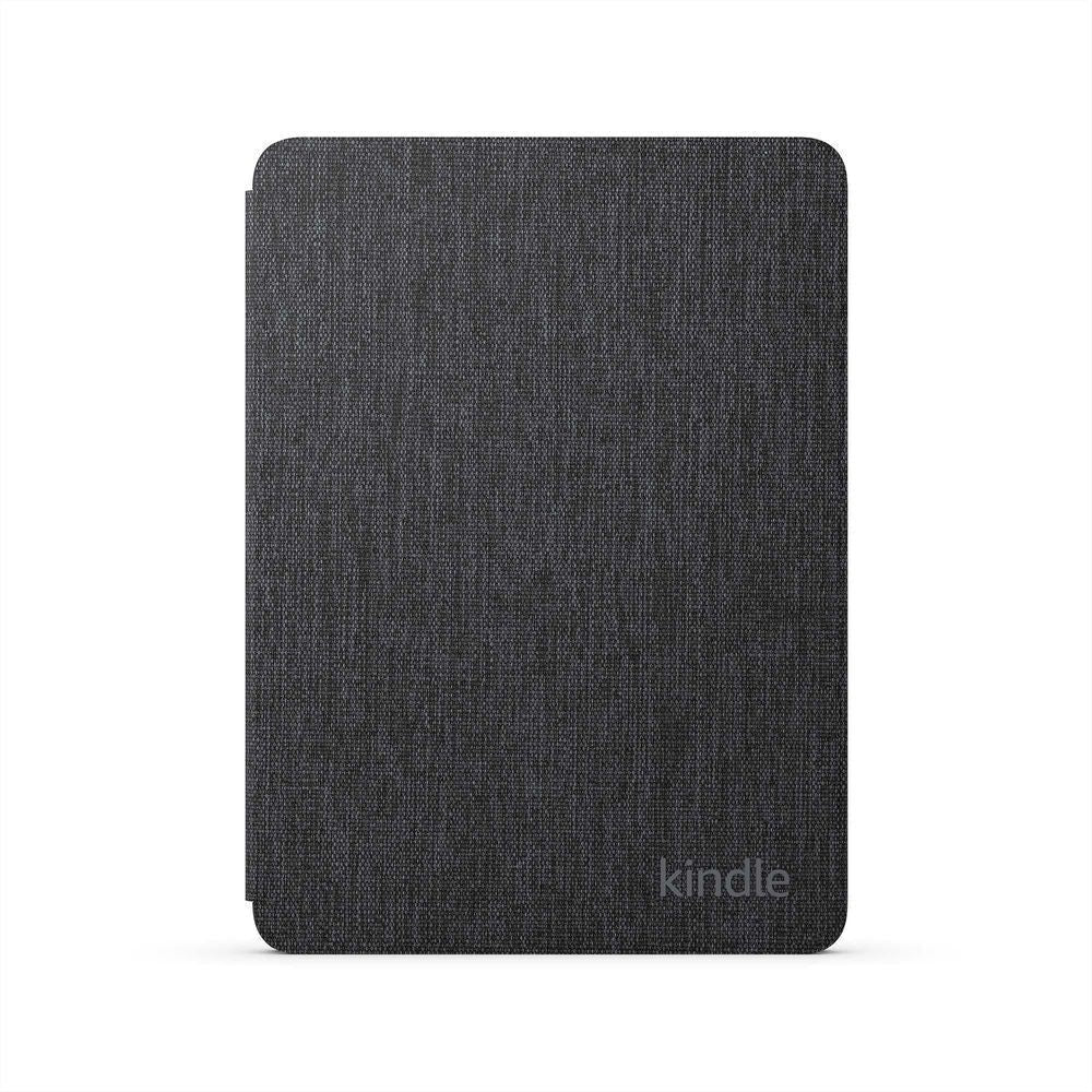 Dark gray fabric folio cover for Kindle e-reader, closed front
