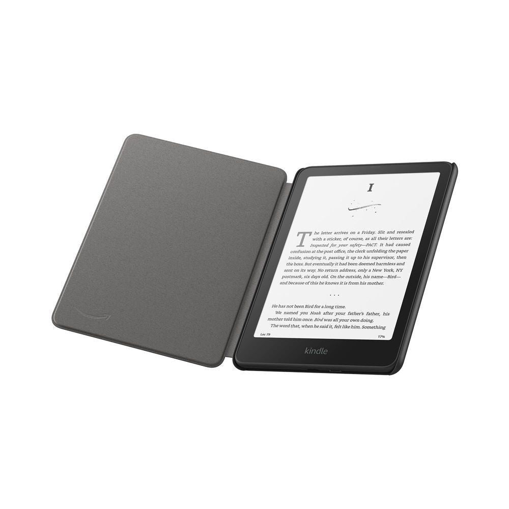 Gray fabric folio cover for Kindle e-reader, open with screen visible