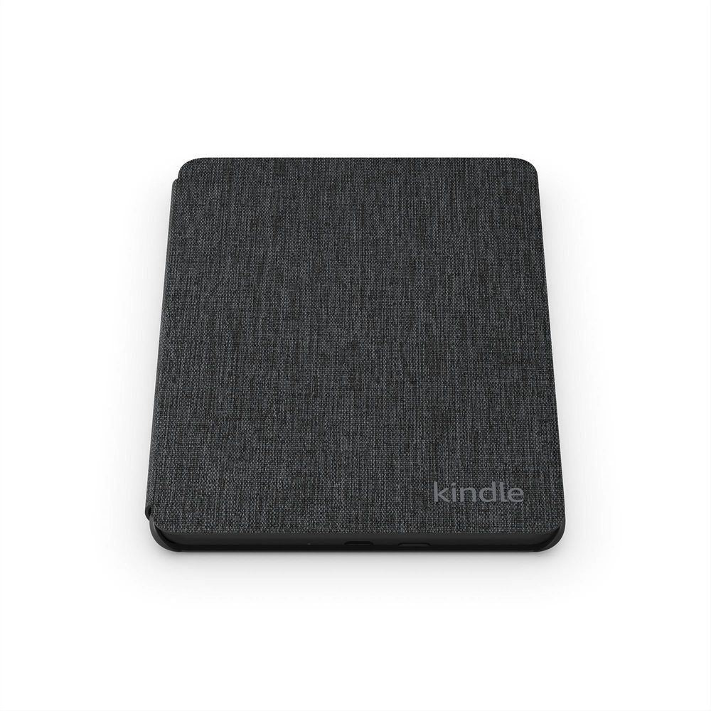 Dark gray fabric folio cover for Kindle e-reader, closed front view