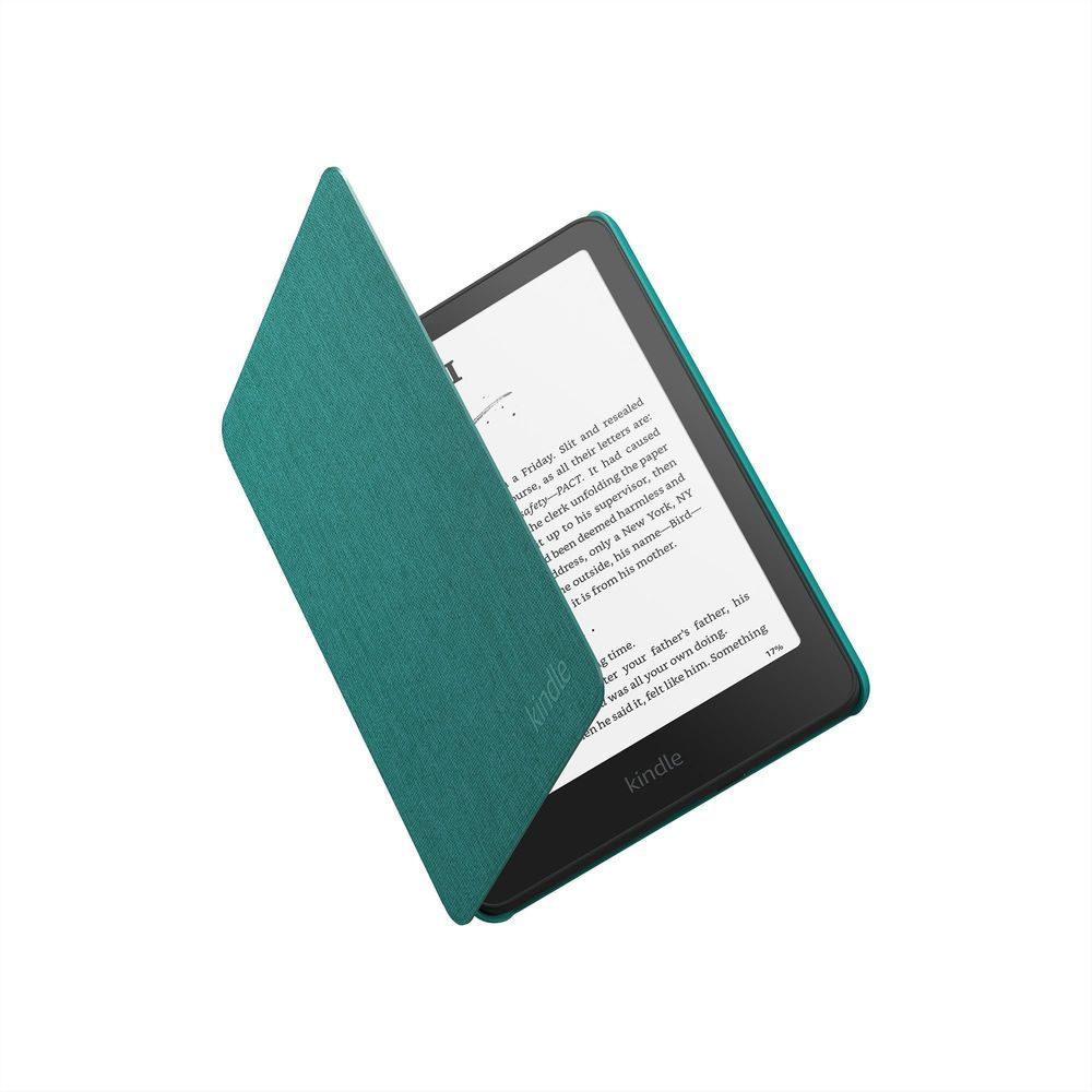 Jade fabric Kindle Paperwhite cover, folio stand with front flap open.