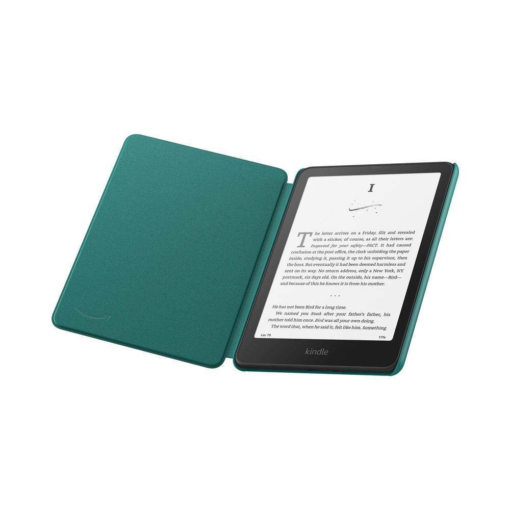 Jade fabric Kindle cover with front flap open, showing e-reader screen.