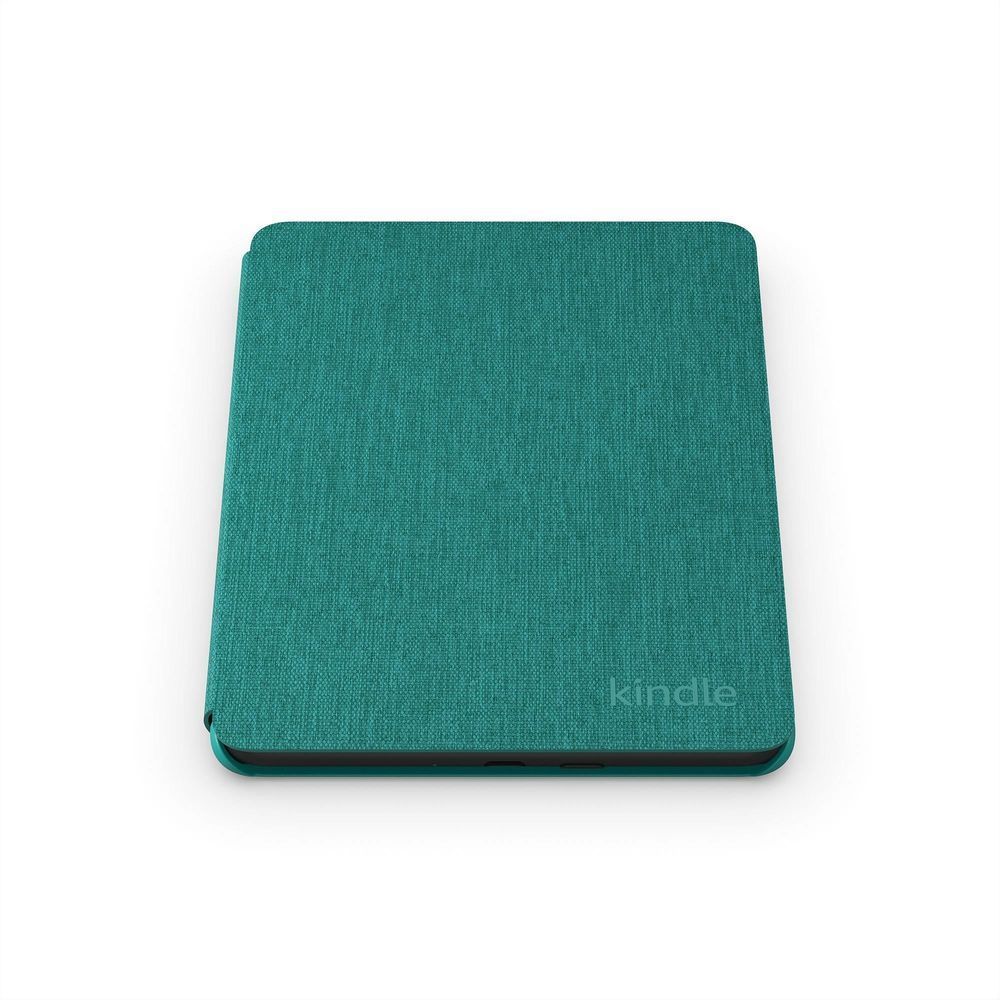 Jade fabric folio cover with textured back and rounded corners for Kindle.
