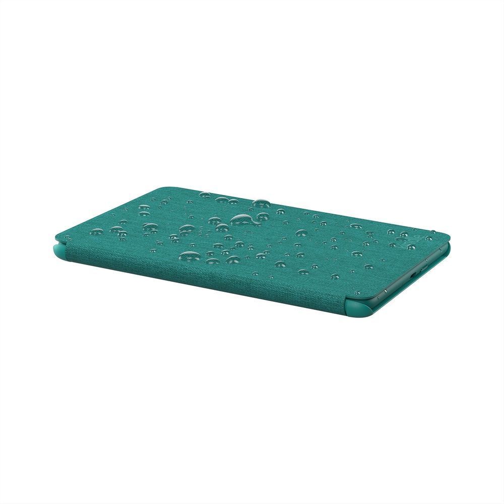 Jade fabric Kindle cover with raised dot pattern, slim closed back.
