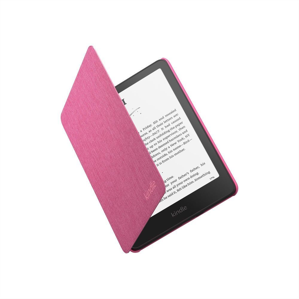 Raspberry fabric folio cover for Kindle 12th gen, open with front flap