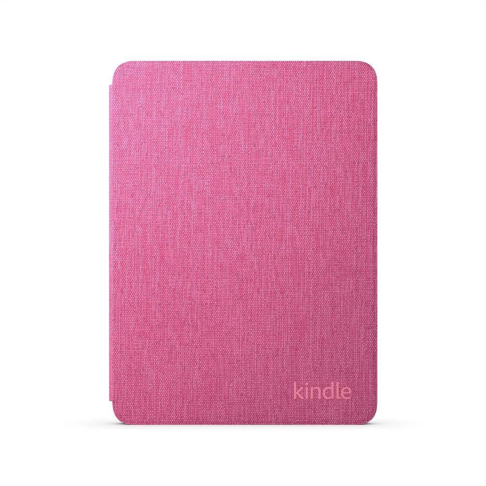 Raspberry fabric Kindle 12th gen cover, closed folio with subtle logo