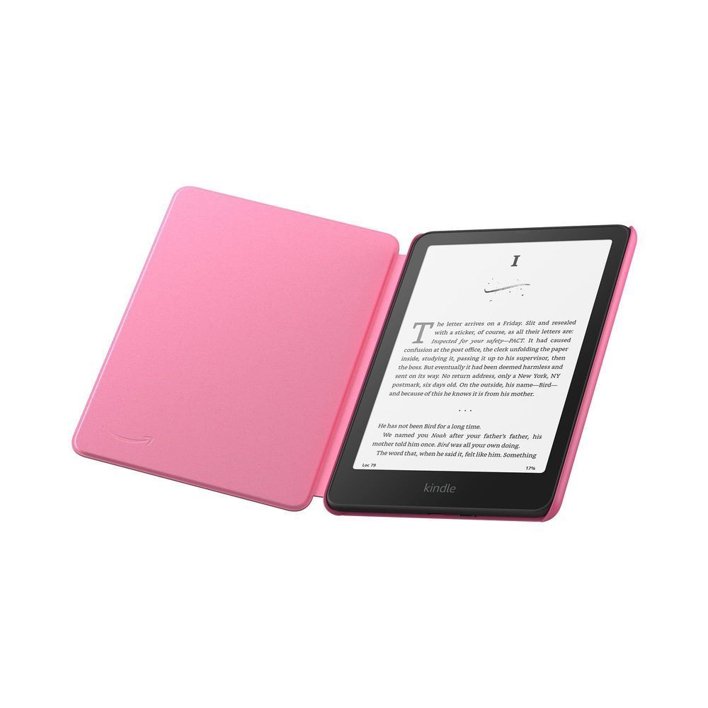 Raspberry fabric folio cover for Kindle 12th gen, tablet shown in open case