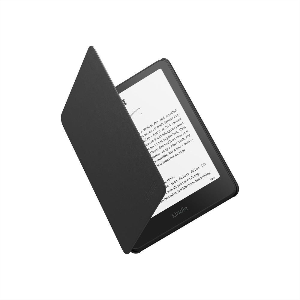 Black leather folio cover for Kindle e-reader, front flap open