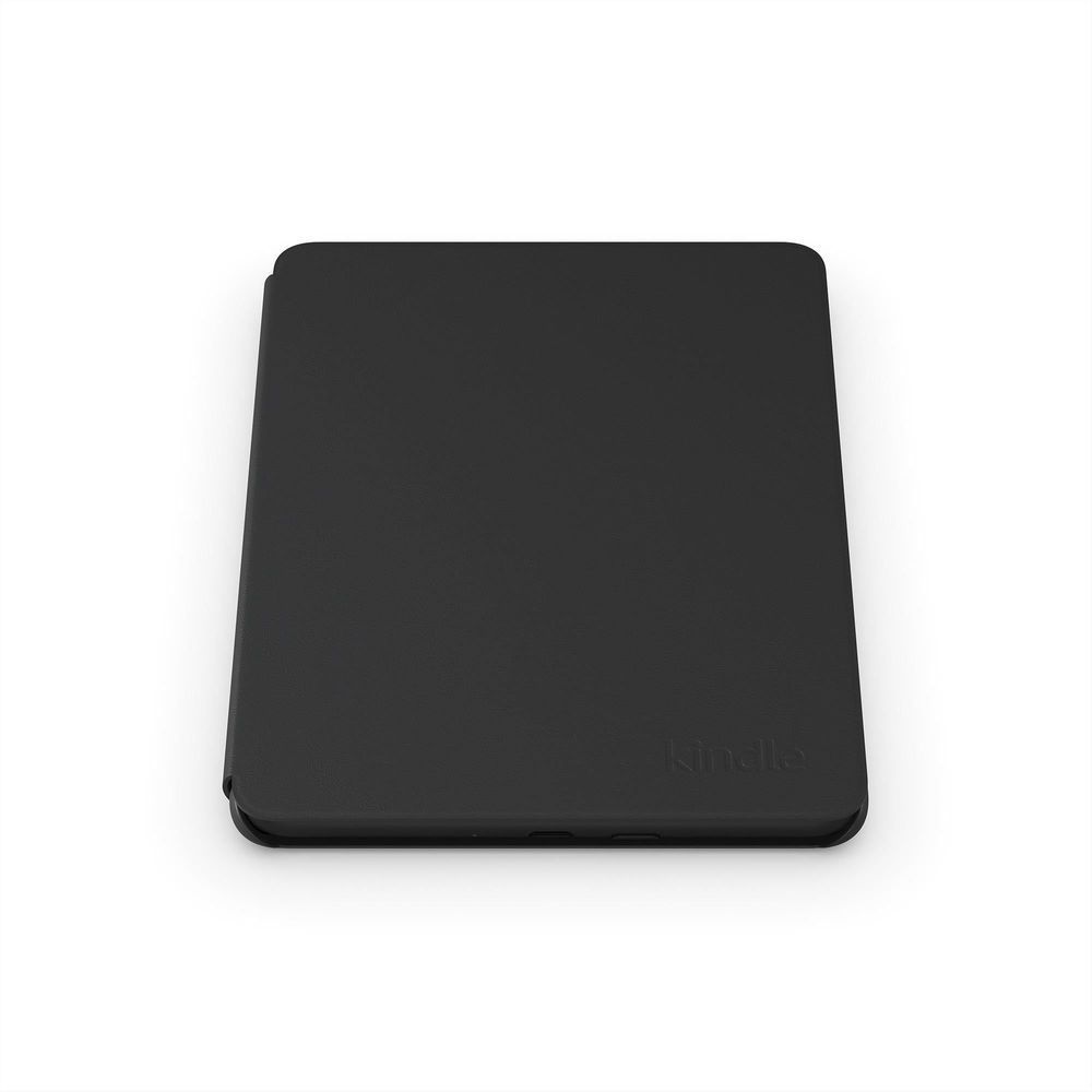 Black leather folio cover for Kindle e-reader, front panel closed