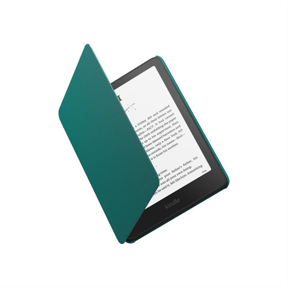 Jade leather folio cover for Kindle e-reader, open to show screen