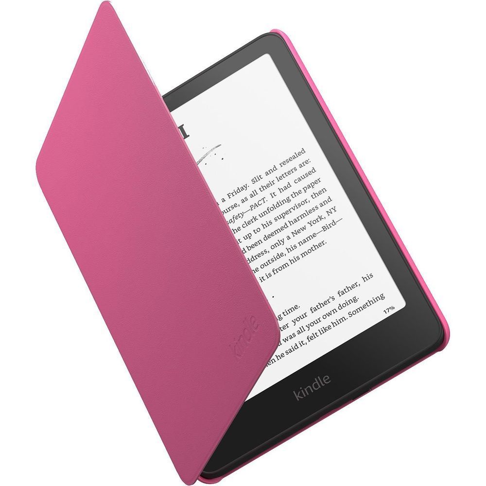 Raspberry folio cover folded open, showing Kindle screen and front panel