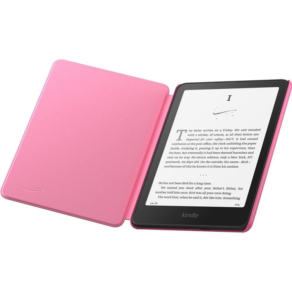 Raspberry folio leather cover open, e-reader inside with screen visible
