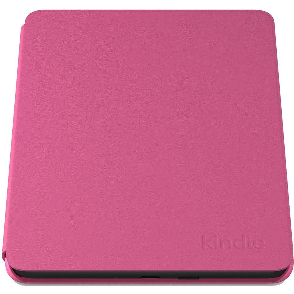 Raspberry leather Kindle cover with embossed logo on back panel