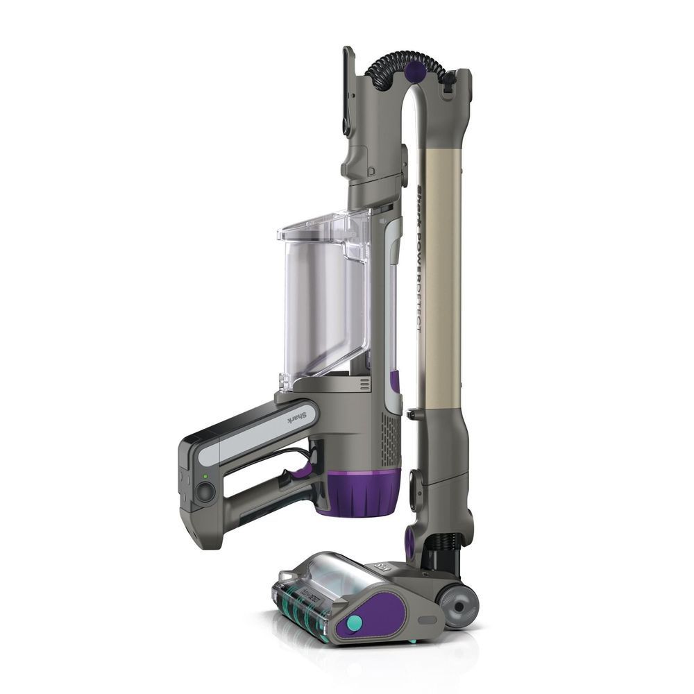 Cordless stick vacuum with clear dirt bin, purple buttons, and wide floor cleaning head