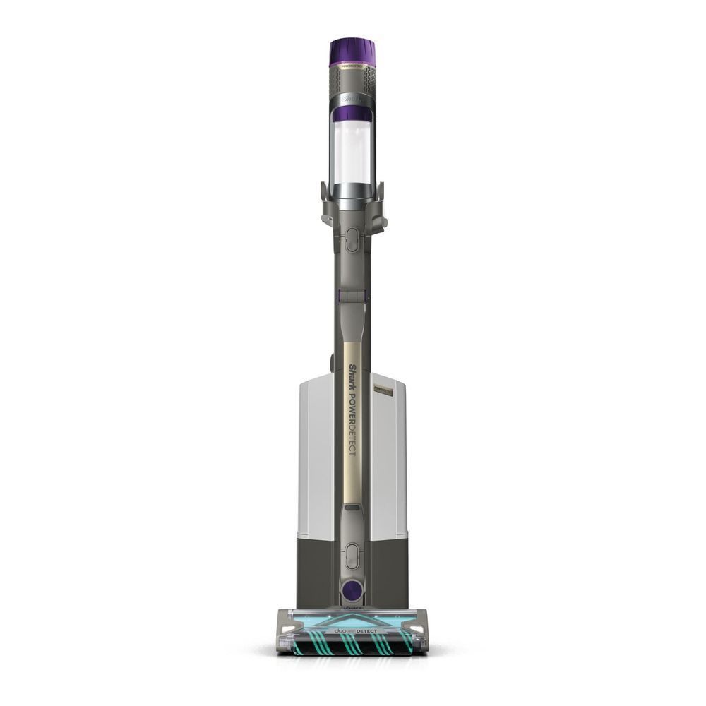 Cordless stick vacuum with tall handle, clear canister, purple top, and front cleaning head
