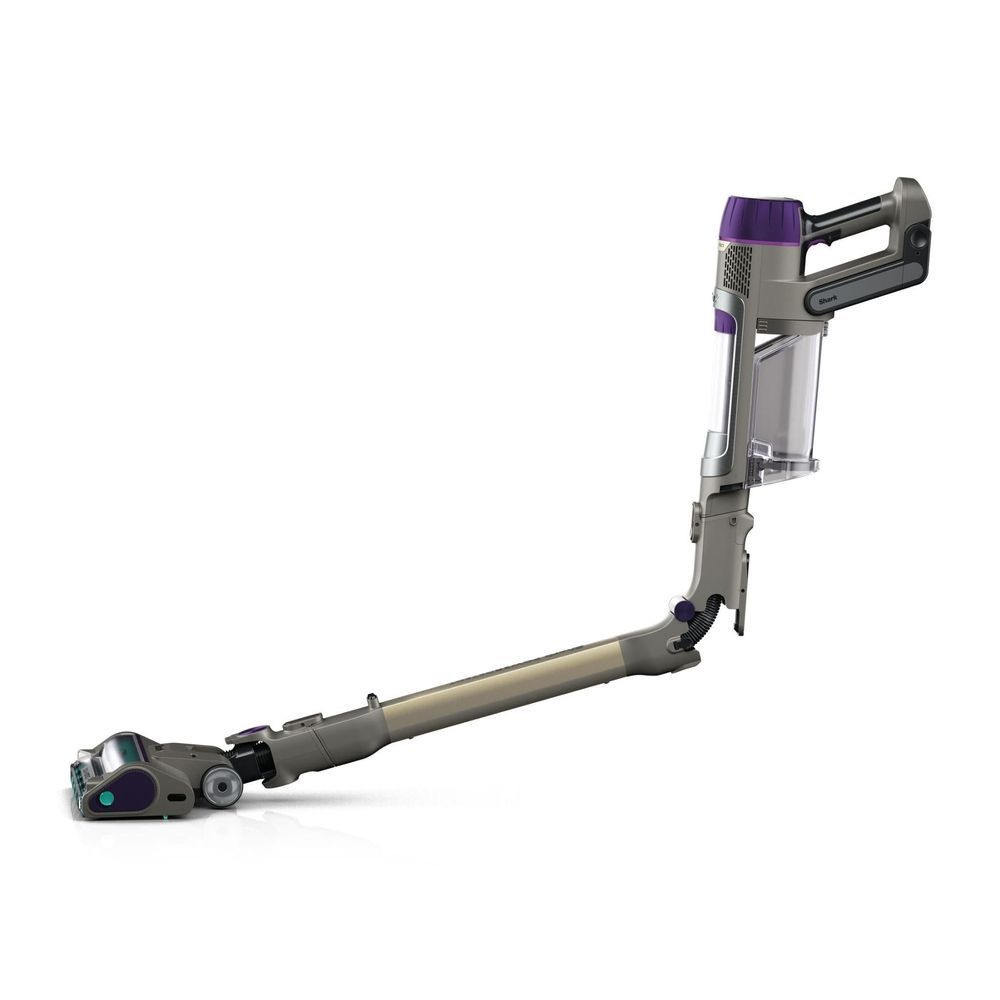 Cordless stick vacuum in extended position with clear bin and wide brush base; purple accents