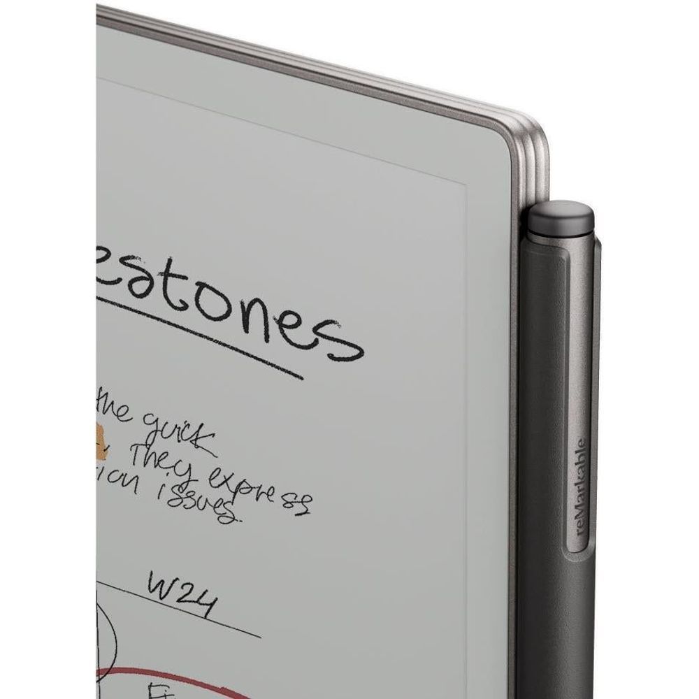 Close-up of digital writing pad edge with MarkerPlus pen attached