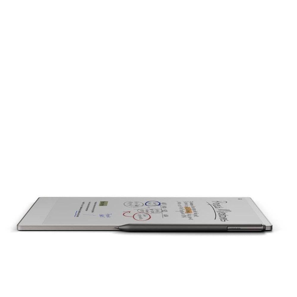 Digital writing tablet lying flat with pen placed on the screen