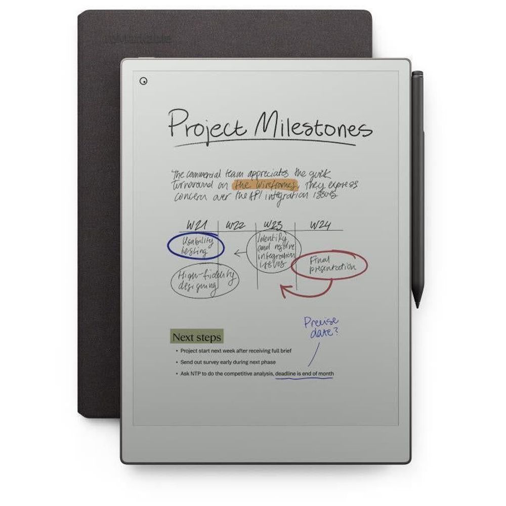Basalt folio case with e-paper tablet showing handwritten notes and a marker stylus