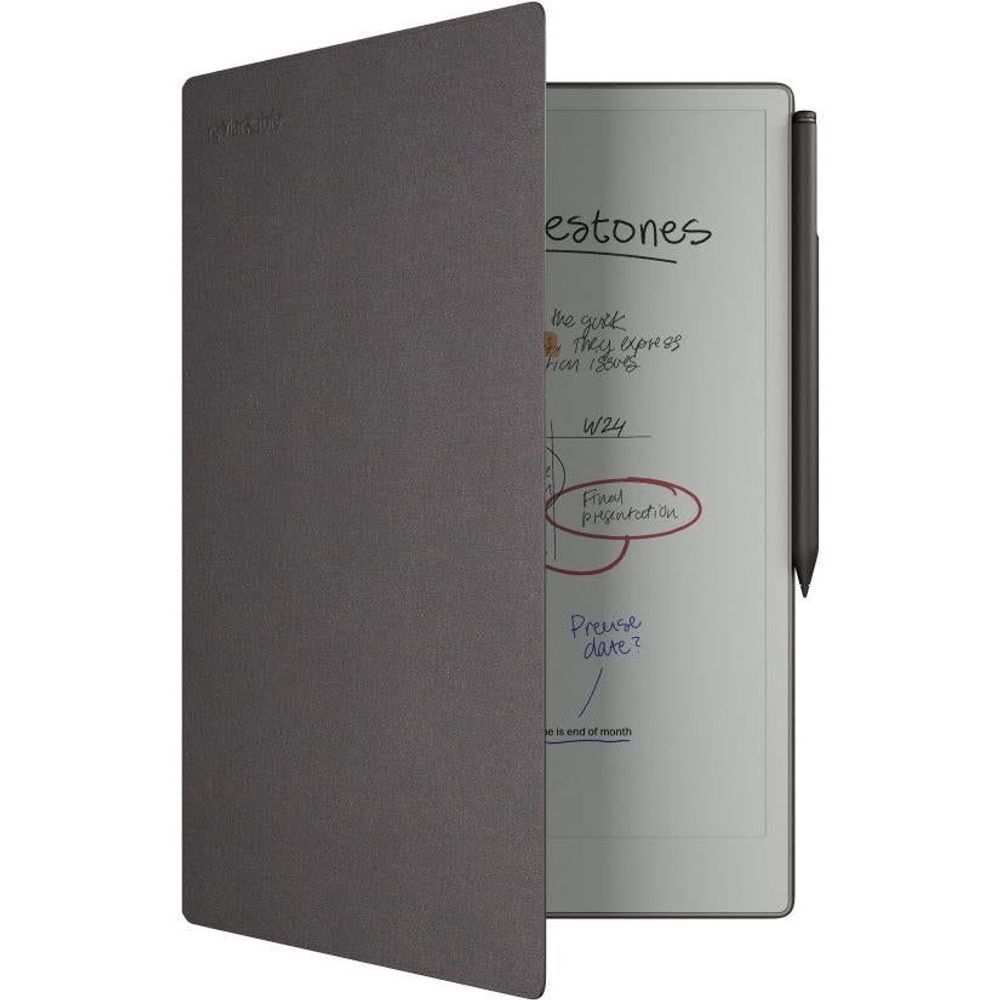 Basalt folio open to reveal an e-paper tablet with handwritten notes and stylus