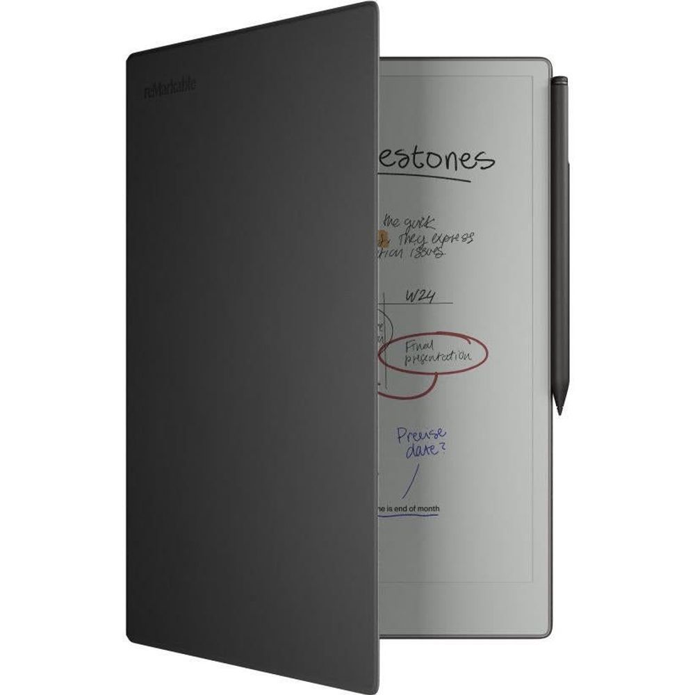 Black folio open to a tablet with handwritten notes and marked sections