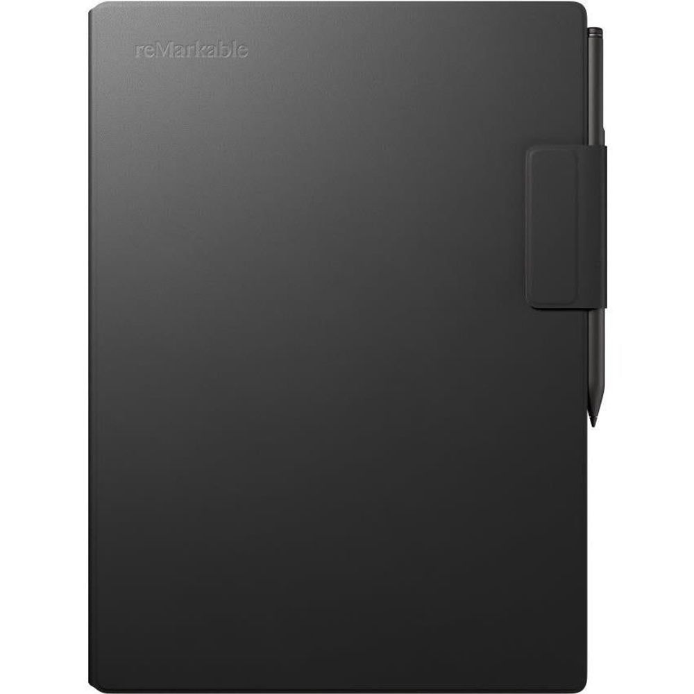 Black leather folio cover for reMarkable, with front strap closure