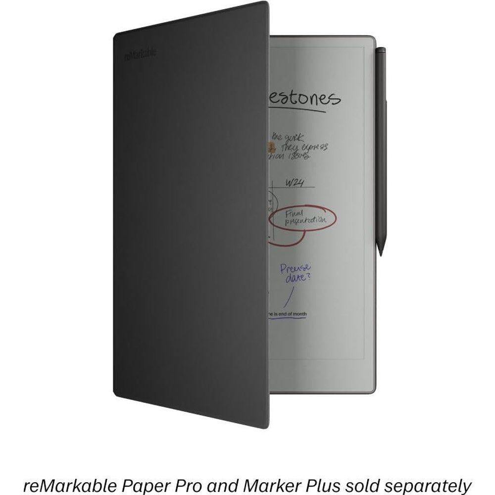 Black leather folio open view with internal document pocket and elastic strap