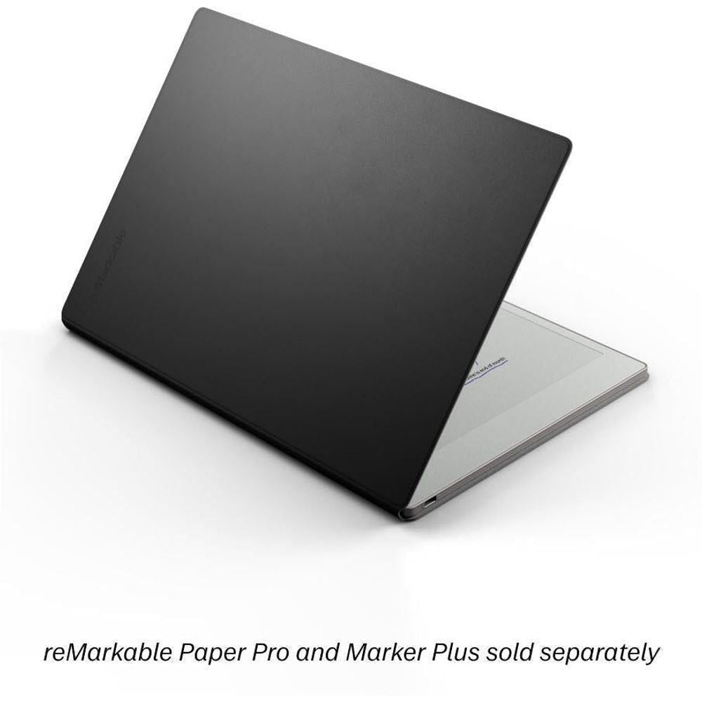 Black leather folio cover with rounded corners and front strap