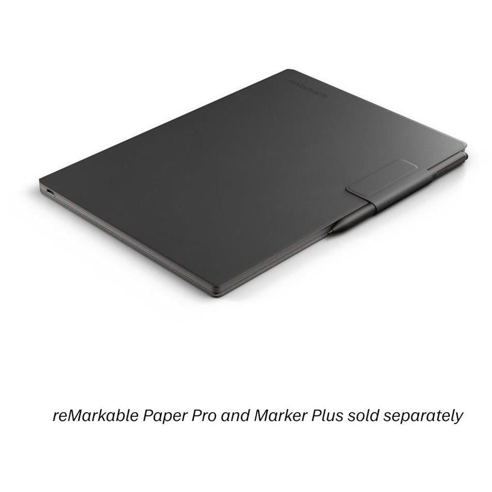 Black leather folio cover closed, side edge view with strap tab