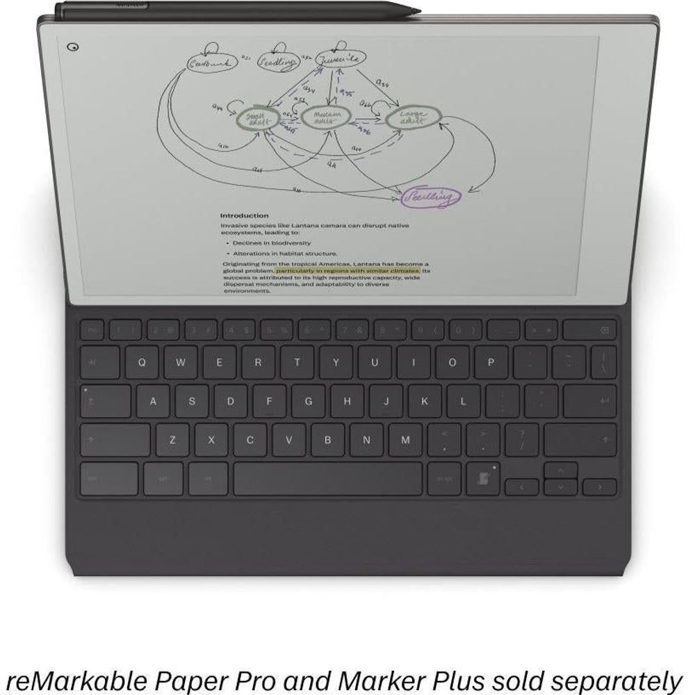 Basalt dark gray tablet folio with keyboard, open and showing a document screen.