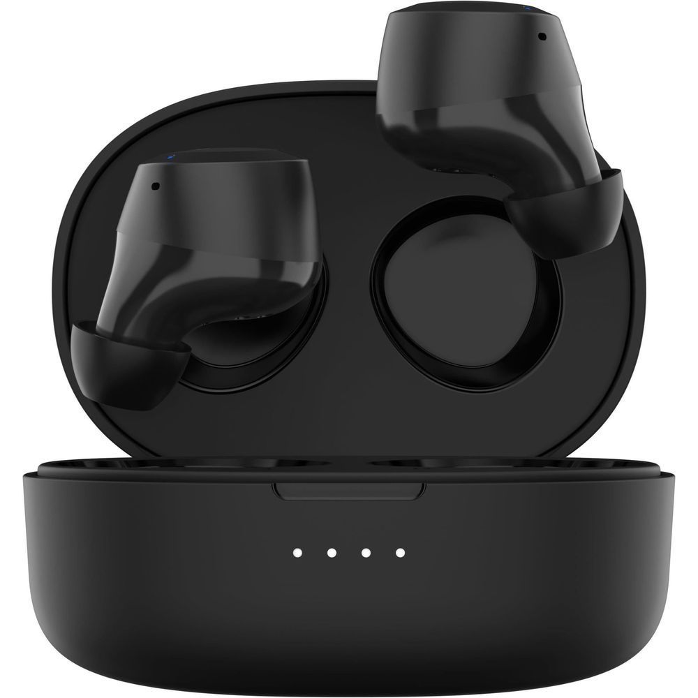 Belkin SoundForm Bolt 2 true wireless in-ear headphones with open black charging case