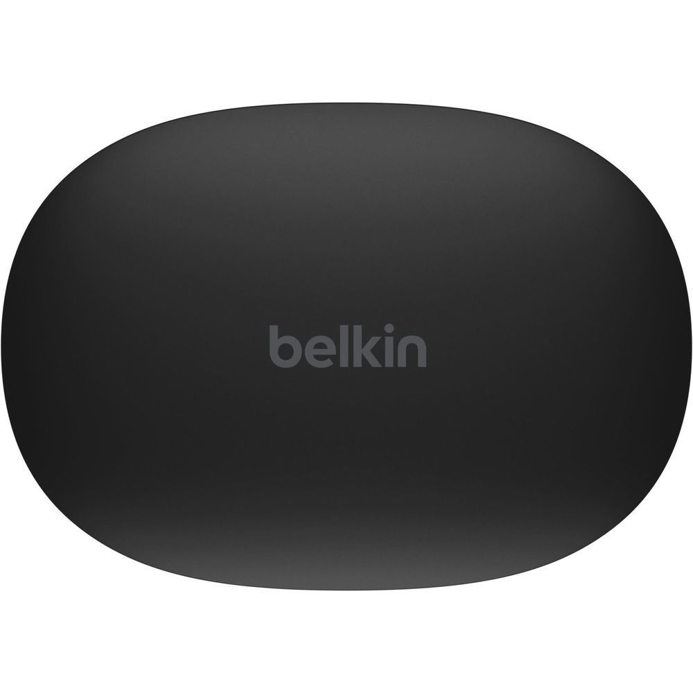 Belkin SoundForm Bolt 2 black charging case, smooth oval design with Belkin logo