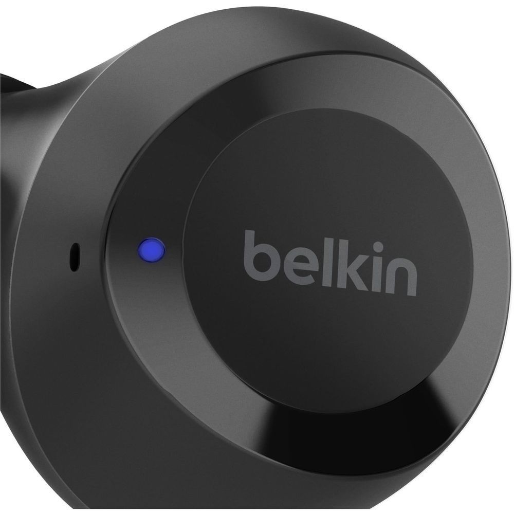 Belkin SoundForm Bolt 2 black earbud close-up with blue status light and logo