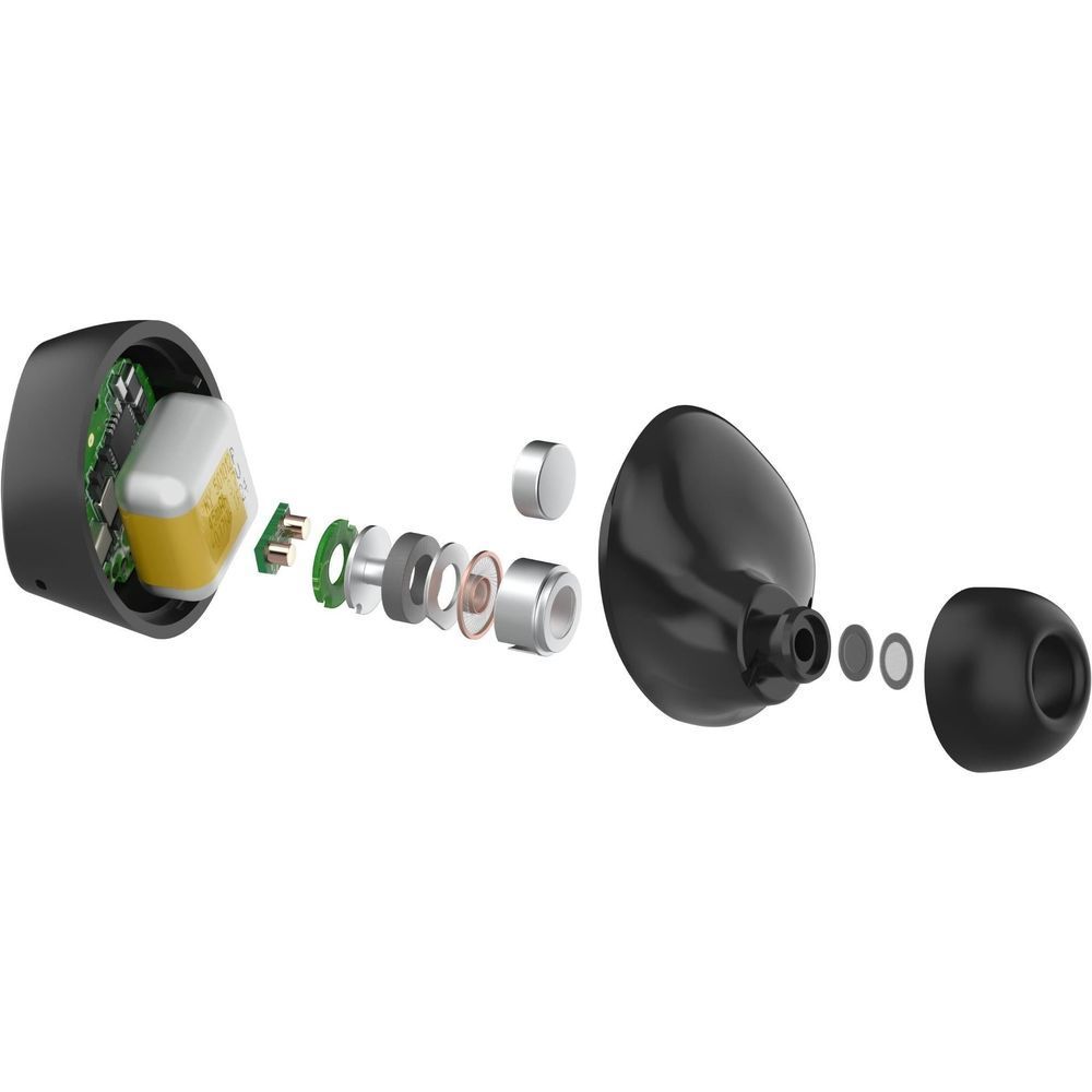 Belkin SoundForm Bolt 2 true wireless in-ear headphones exploded view, black earbud parts