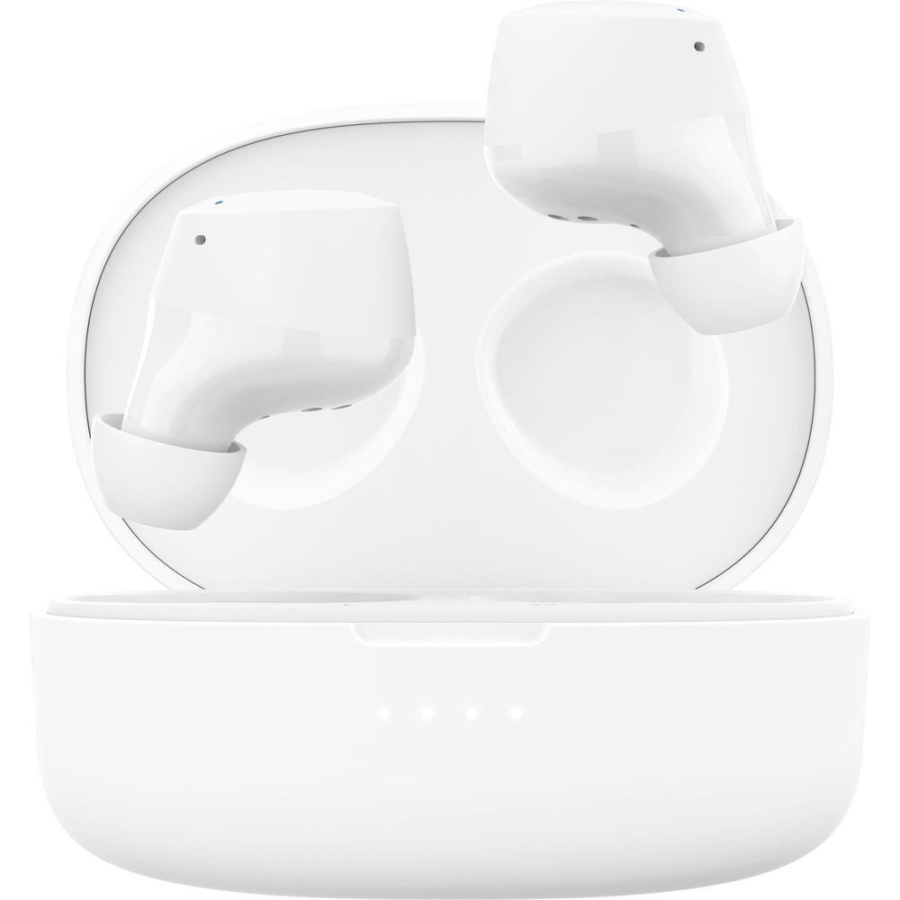 White charging case with two Belkin earbuds partially removed