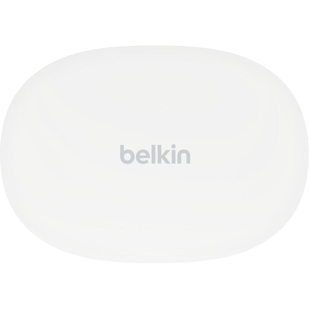 White Belkin charging case with logo on smooth oval lid