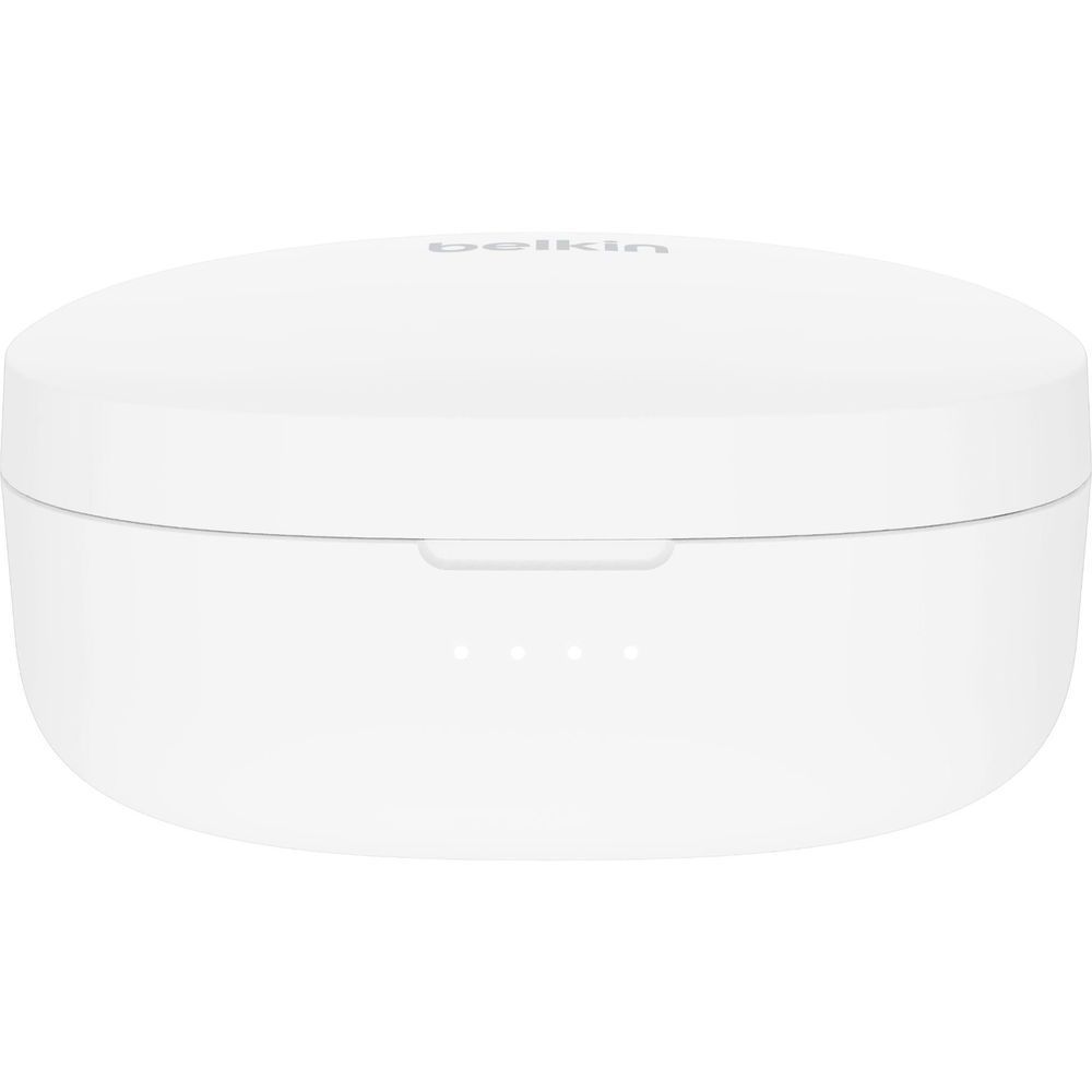 White Belkin charging case with top lid and front indicator dots