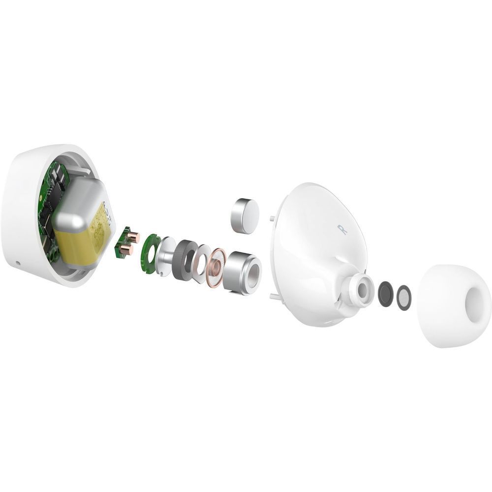 Belkin true wireless earbuds shown apart, white earbuds and open case