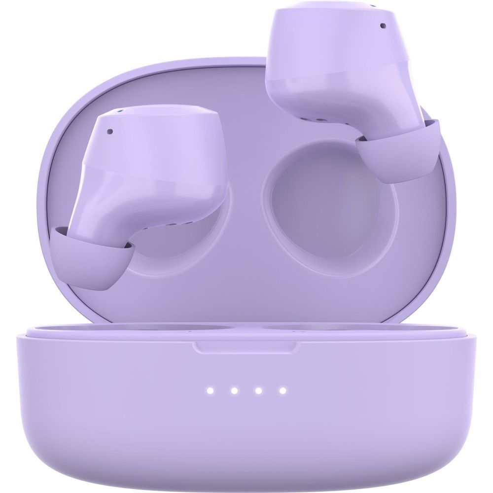 Lavender charging case with earbuds seated, in-ear tips visible