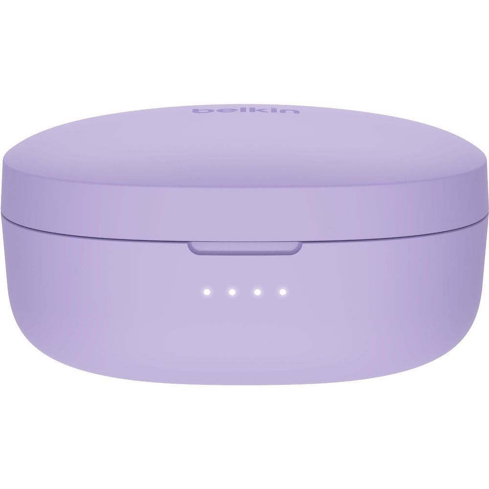 Lavender charging case front view with LED indicator lights