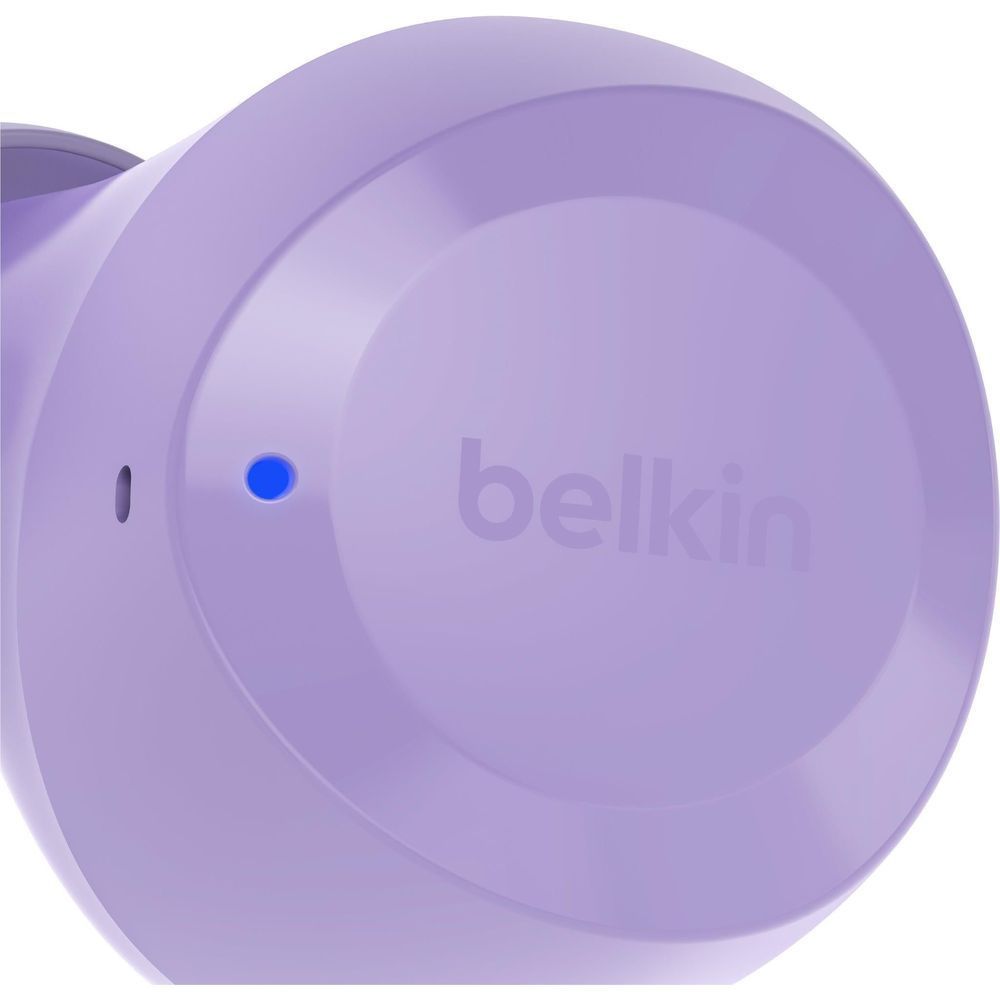 Lavender Belkin earbud close-up with blue status light