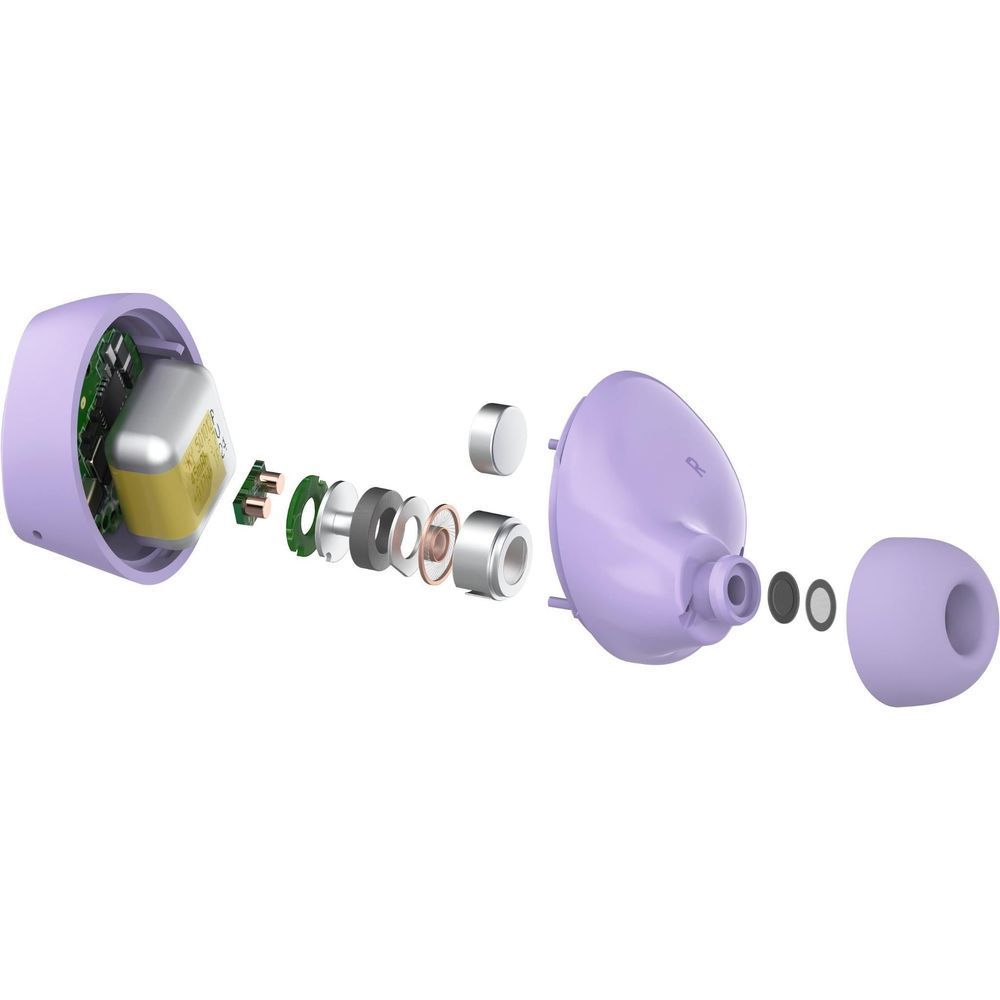 Lavender Belkin earbud and case exploded view, showing internal parts and seals