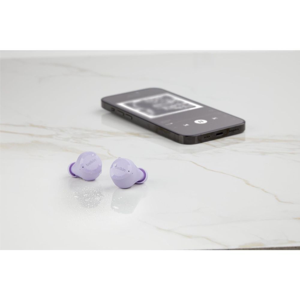 Lavender Belkin true wireless earbuds on surface with blue status lights