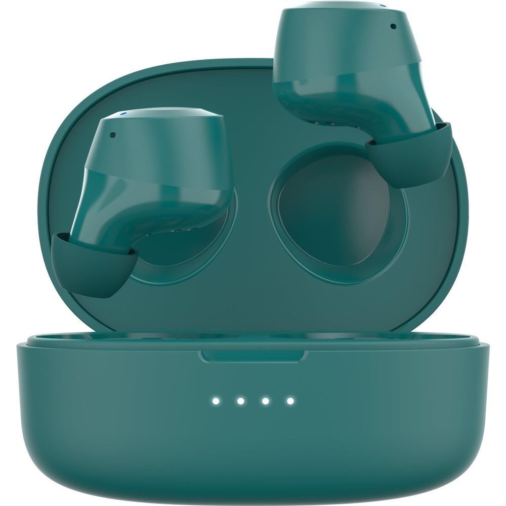 Teal charging case open with two earbuds docked, glossy finish