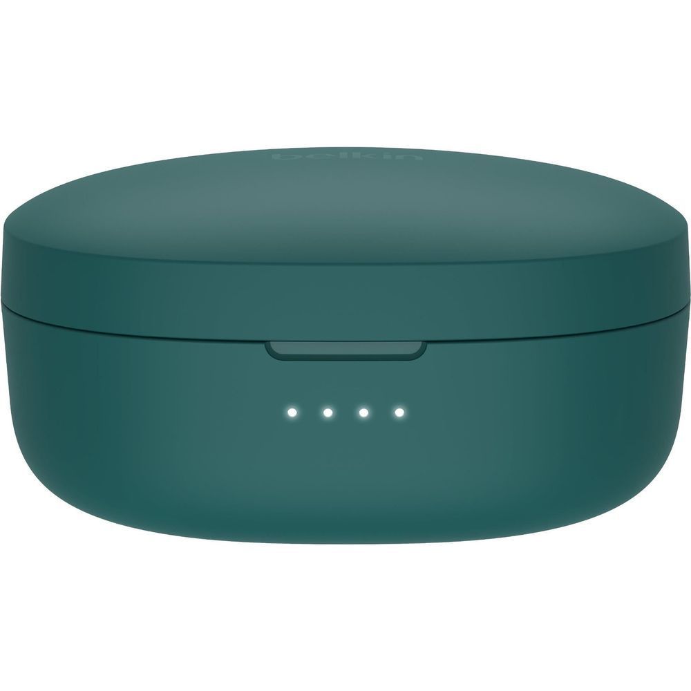Teal charging case front with LED indicator lights and center latch