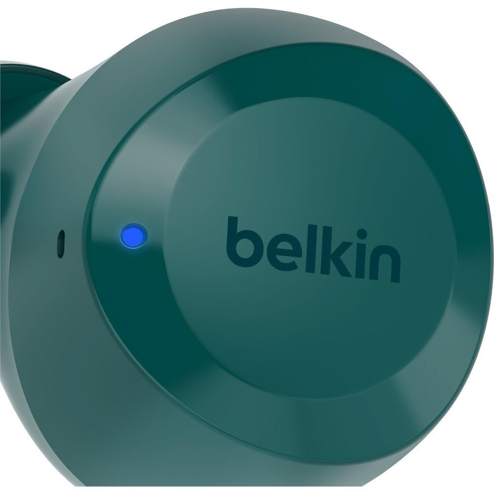 Teal Belkin earbud front view with blue status light