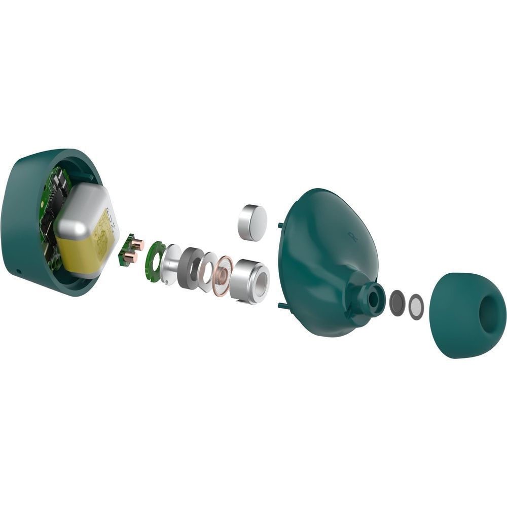 Teal true wireless earbuds and case shown with internal components exploded view