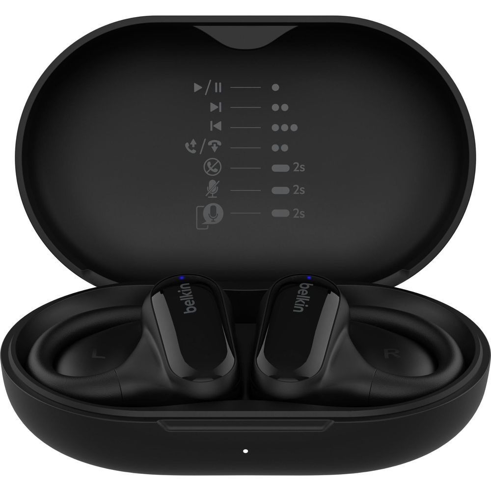 Black earbuds in an open charging case with visible control icons